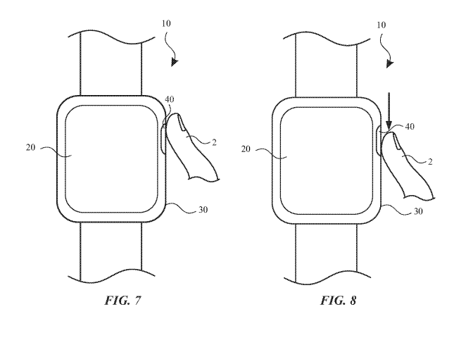 Side by side drawings of Apple Watch from patent filing, shows a finger swiping on the new optical sensor on right side.