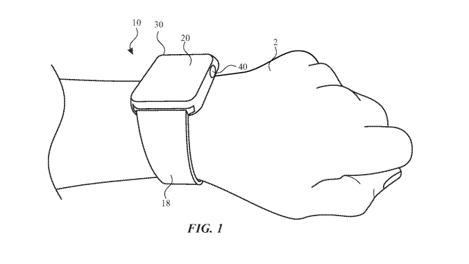 Sketch drawing from a patent filing showing an Apple Watch on arm, featuring numbers and lines that point to features like the new optical sensor on the side of watch.