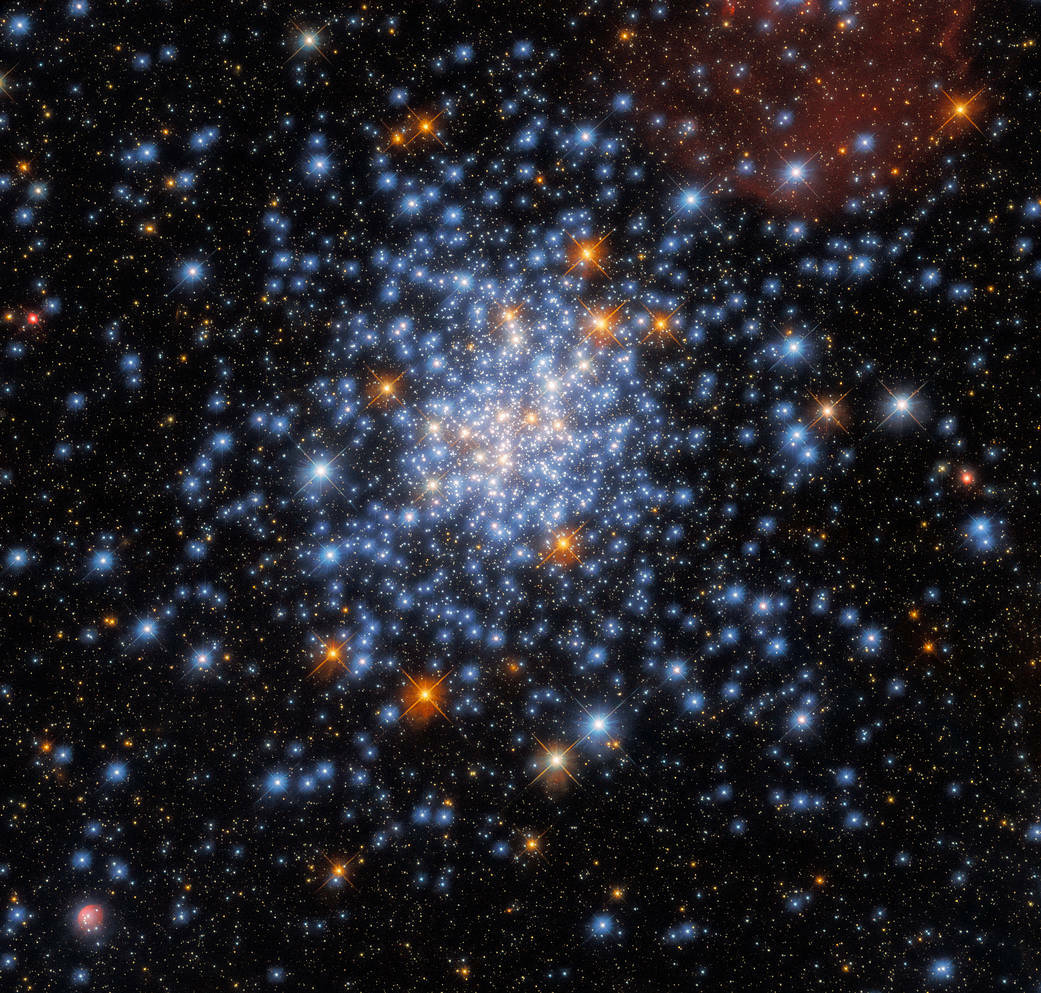 Hubble captured this image of open star cluster NGC 330 in the constellation Tucana, also known as The Toucan. Scientists plan to get a better look at these stars, as well as the nebula in the bottom left (look for the red spot), with the James Webb Space Telescope.