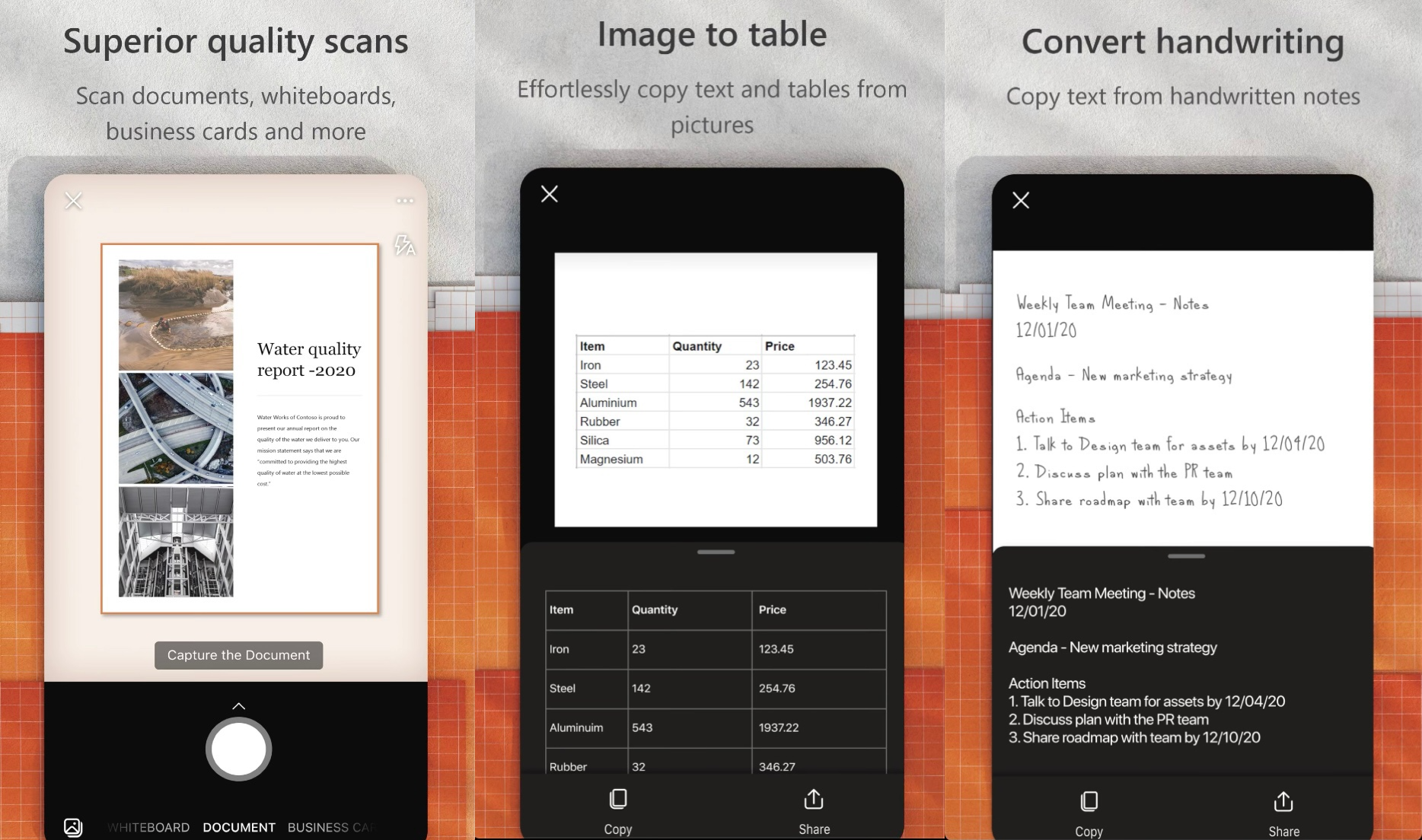 Three screenshots of how Microsoft Office Lens works