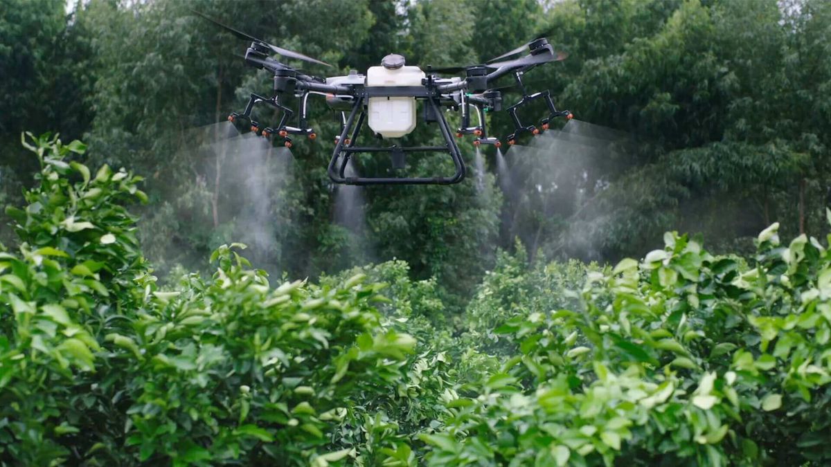 An agricultural drone spraying crops.