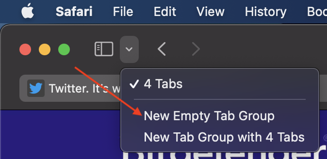 arrow pointing to new empty tab group button
