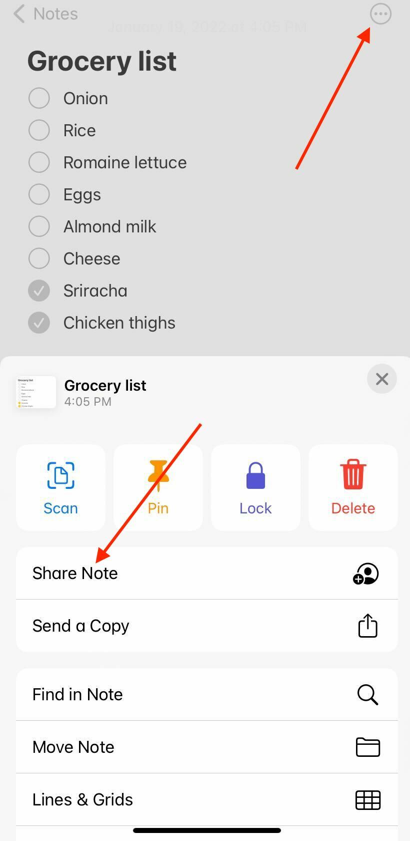 screenshot of how to share note