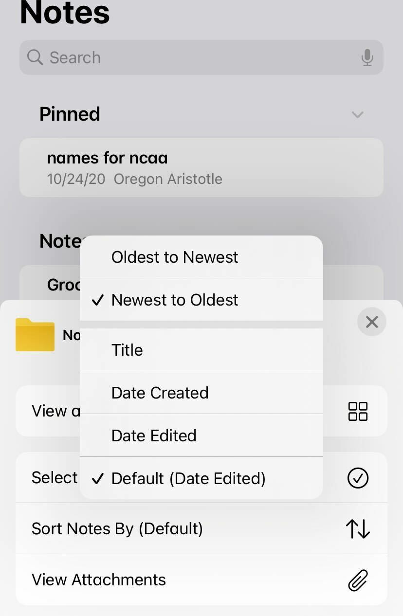 Options for sorting notes in app