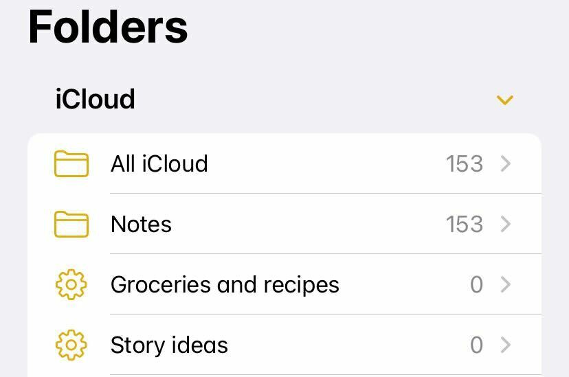 screenshot of Notes folders