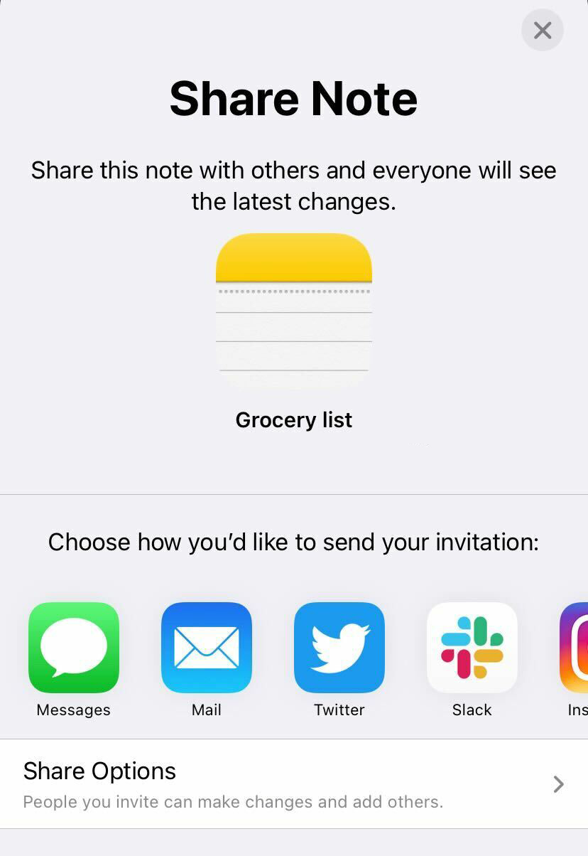 screenshot of share note