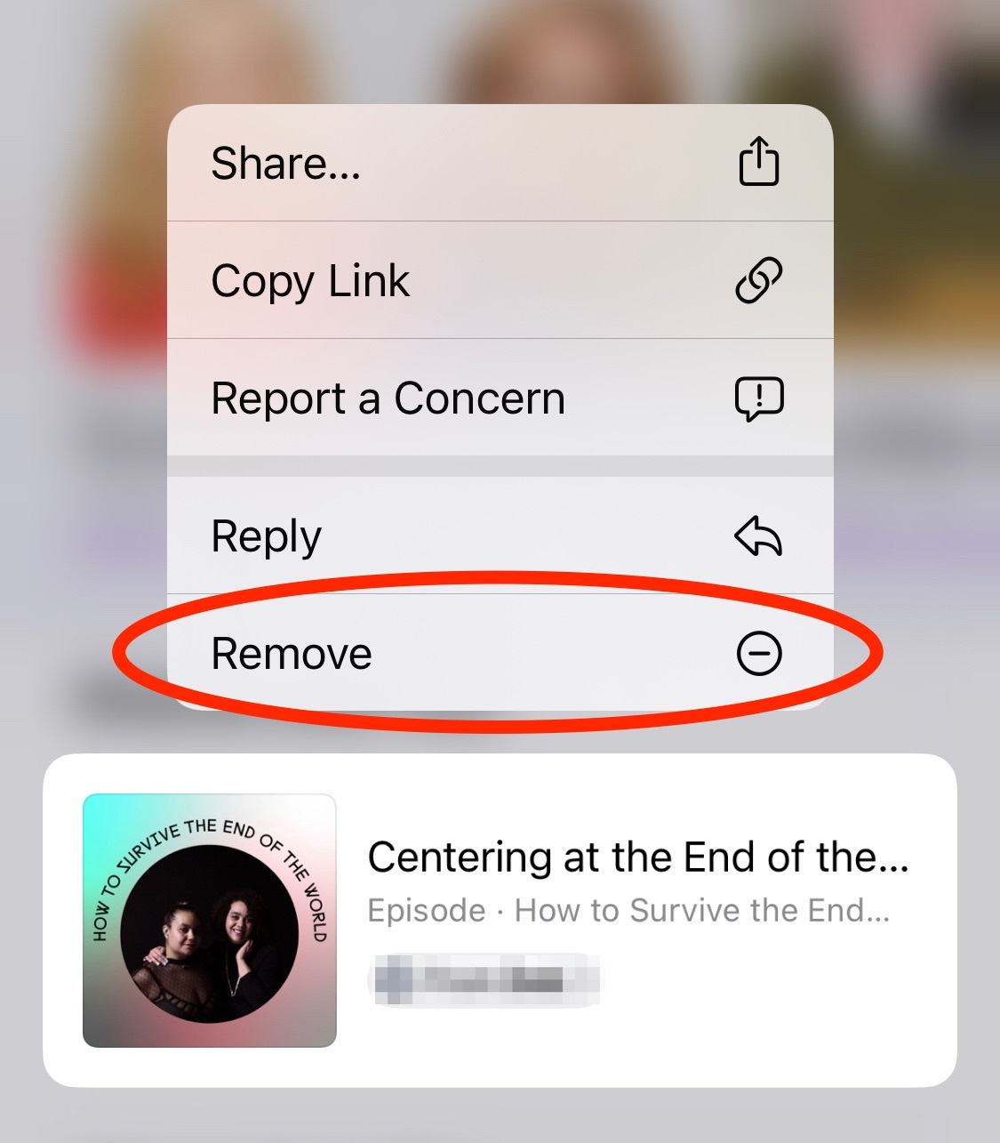 Screenshot of removing a podcast from Shared with You section