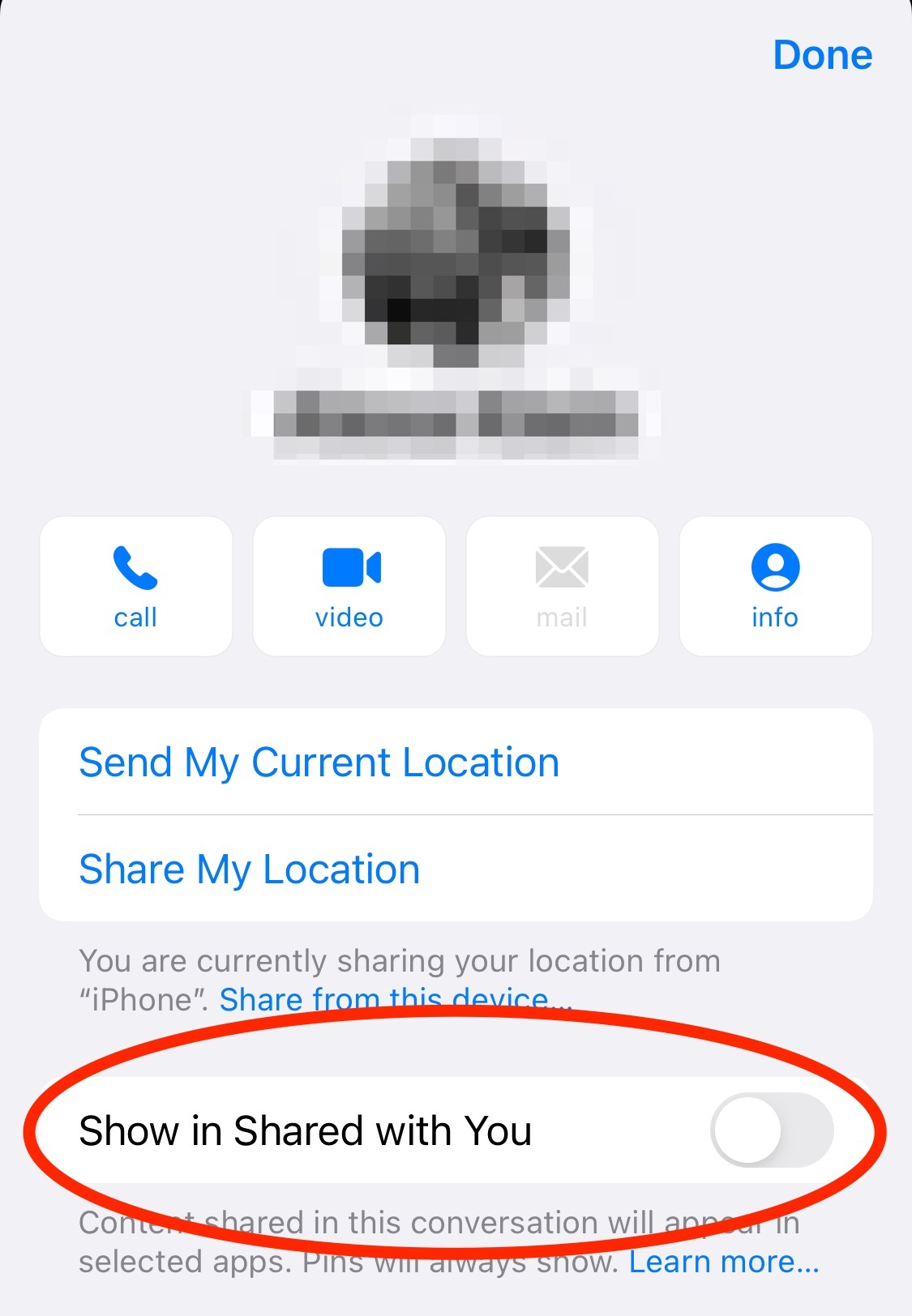 Screenshot of contact showing turn on/off Shared with You feature