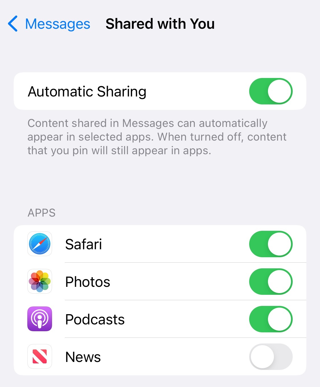 Screenshot of sharing options for Shared with You feature in Messages