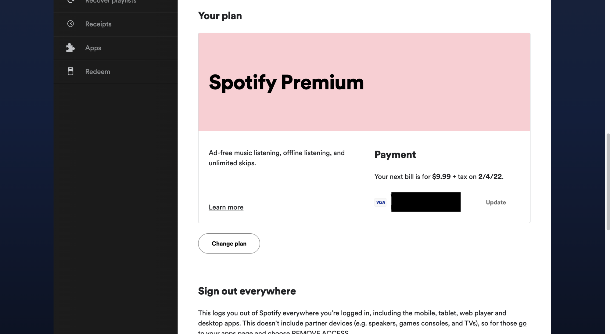 Screenshot of Spotify account settings and billing info.
