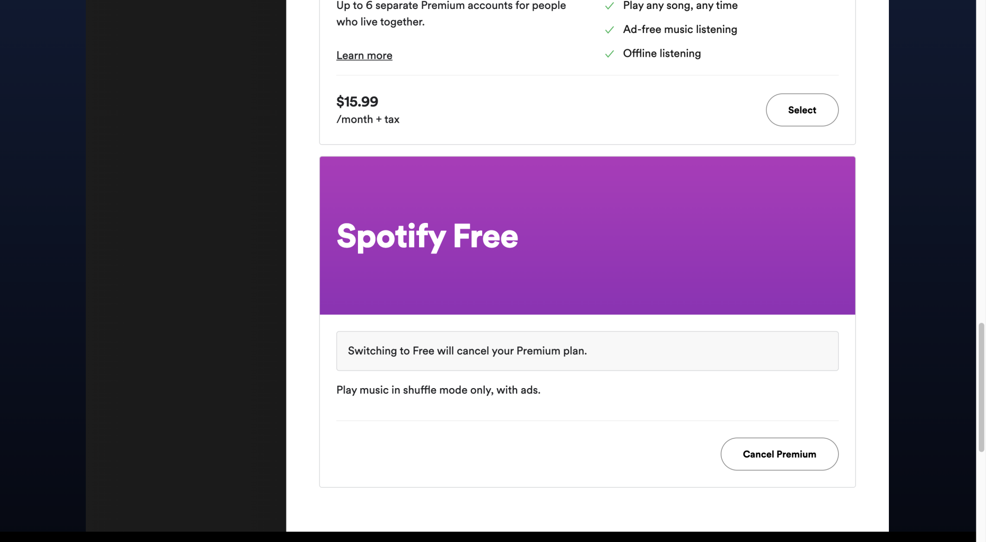 Screenshot of Spotify's subscription plans focused on "Spotify Free."