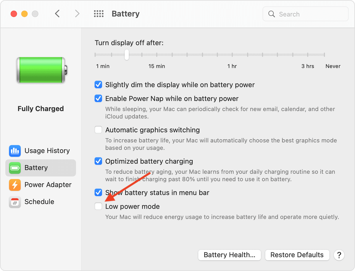 arrow pointing to low power mode button