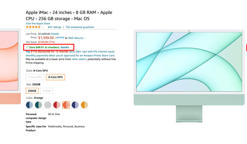 screenshots of two apple imac pages on amazon with their coupons marked in red