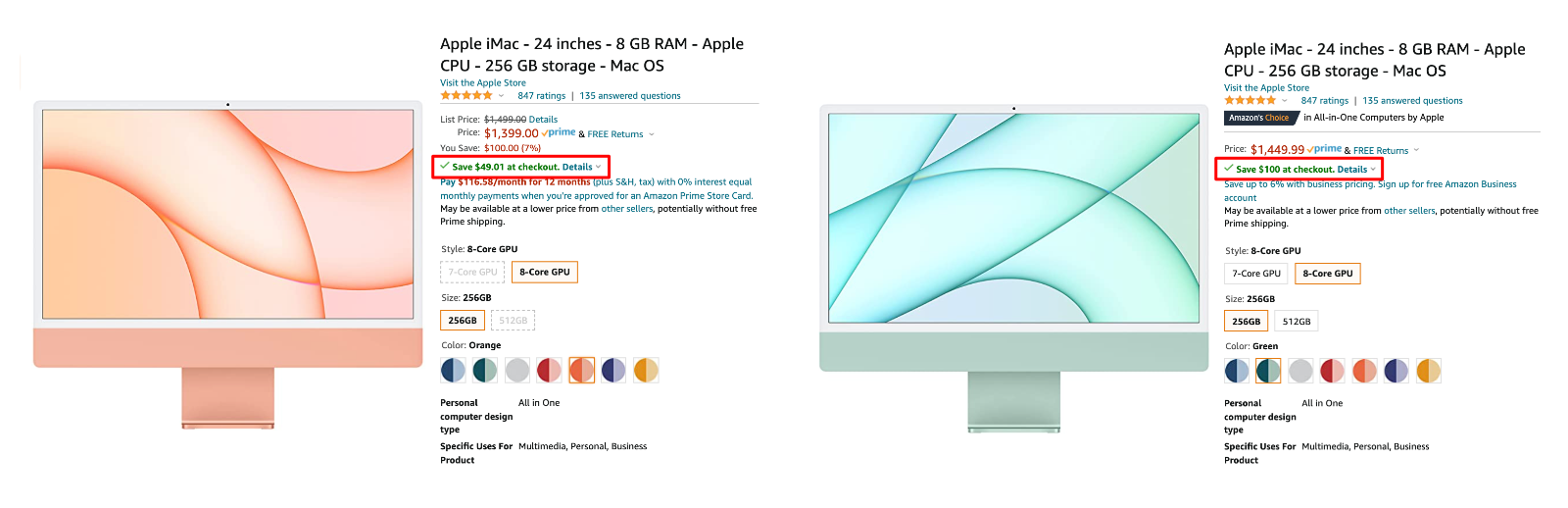 screenshots of two apple imac pages on amazon with their coupons marked in red