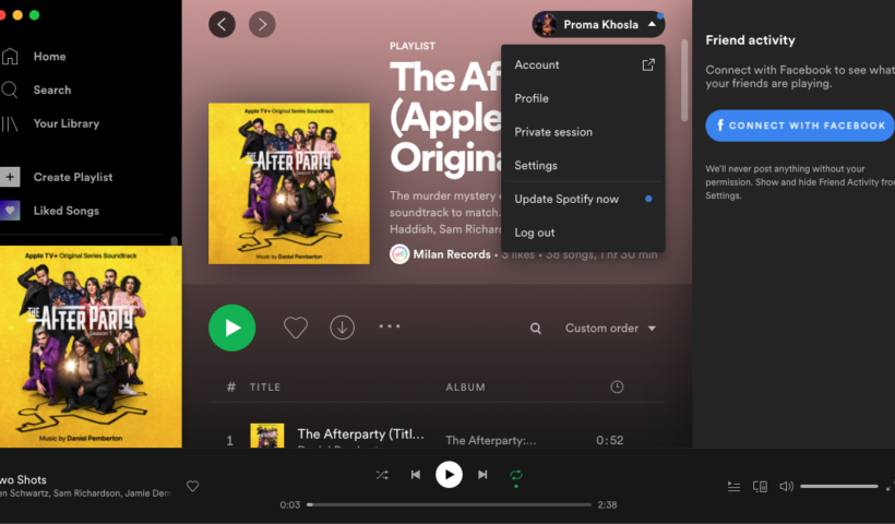 A screen shot of the Spotify desktop app highlighting the menu under someone's profile.