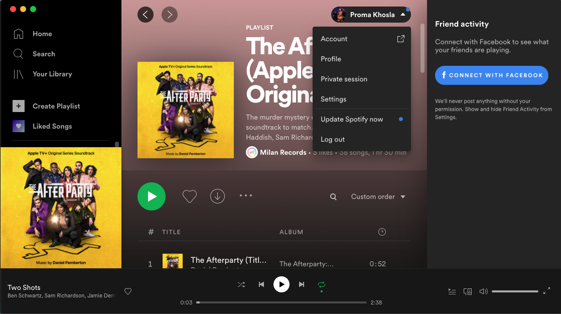 A screen shot of the Spotify desktop app highlighting the menu under someone's profile.