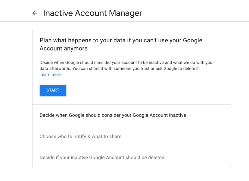 Screenshot of Google's Inactive Account Manage page.