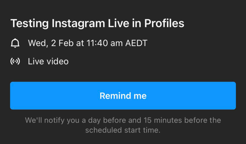 A screenshot of the Instagram popup with details of a scheduled livestream.