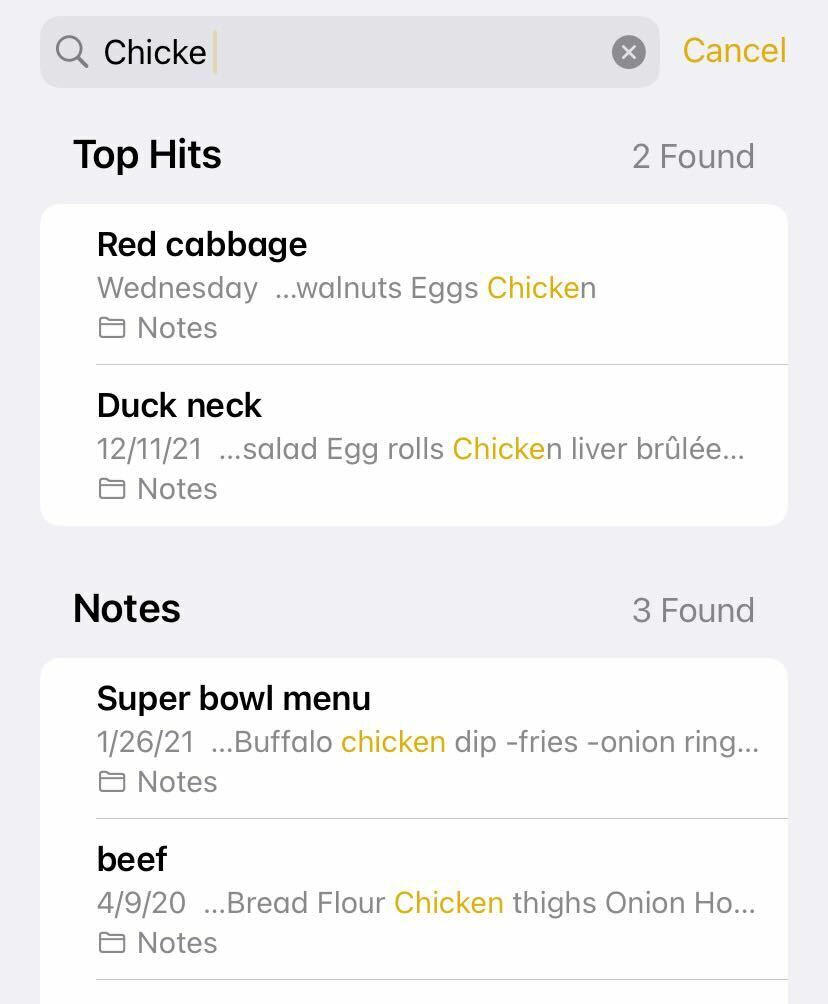 screenshot of notes app searching for "chicke"
