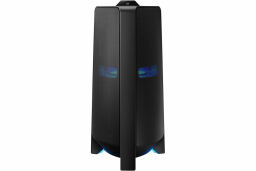 Black speaker tower with blue light