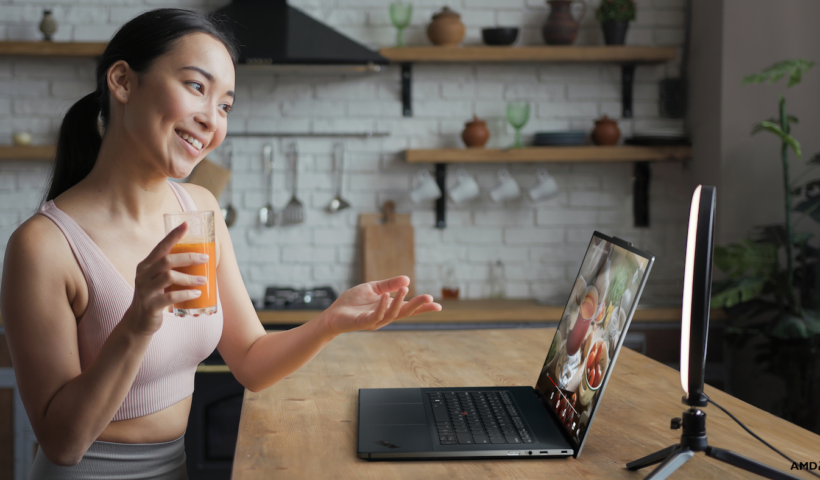 Woman using Lenovo laptop webcam