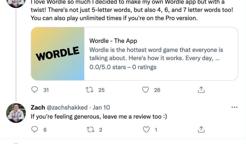 Screenshot of a Tweet from Shakked saying Wordle inspired his app.