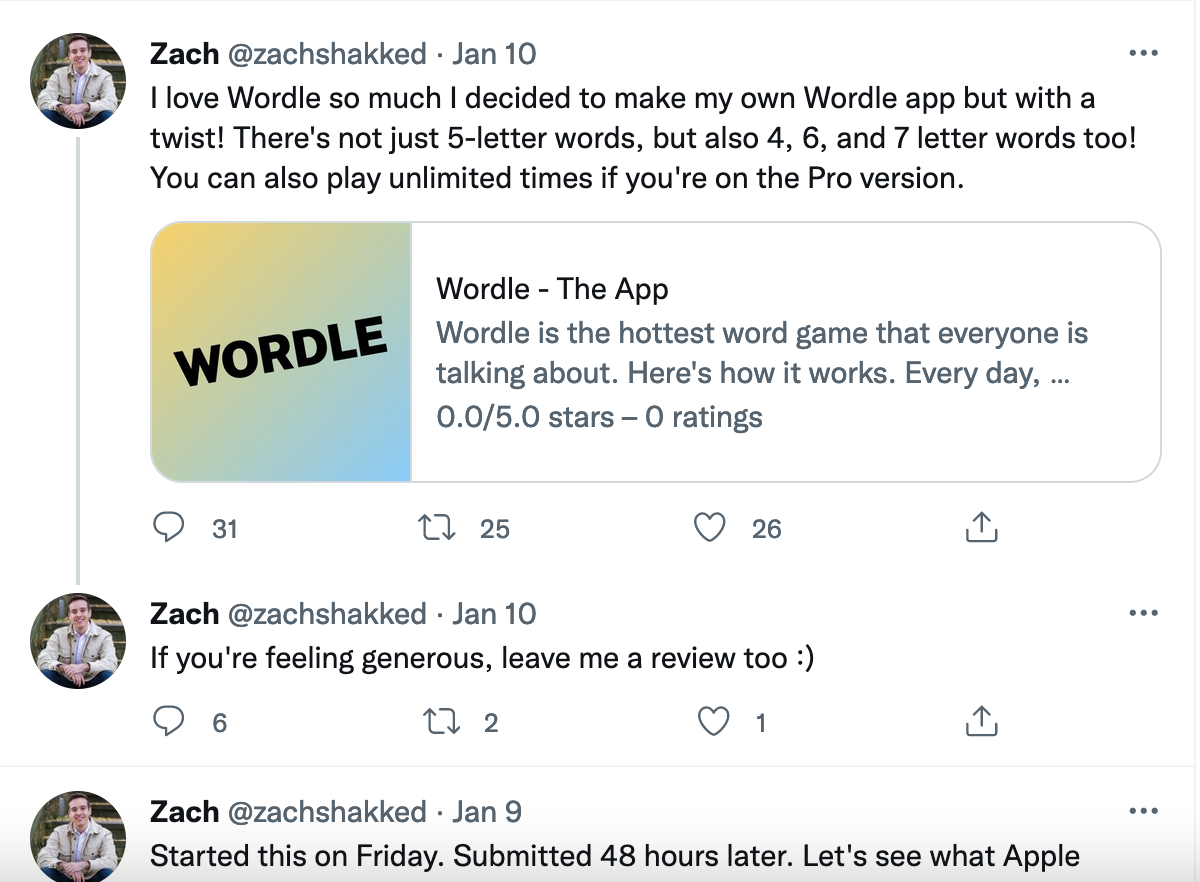 Screenshot of a Tweet from Shakked saying Wordle inspired his app.
