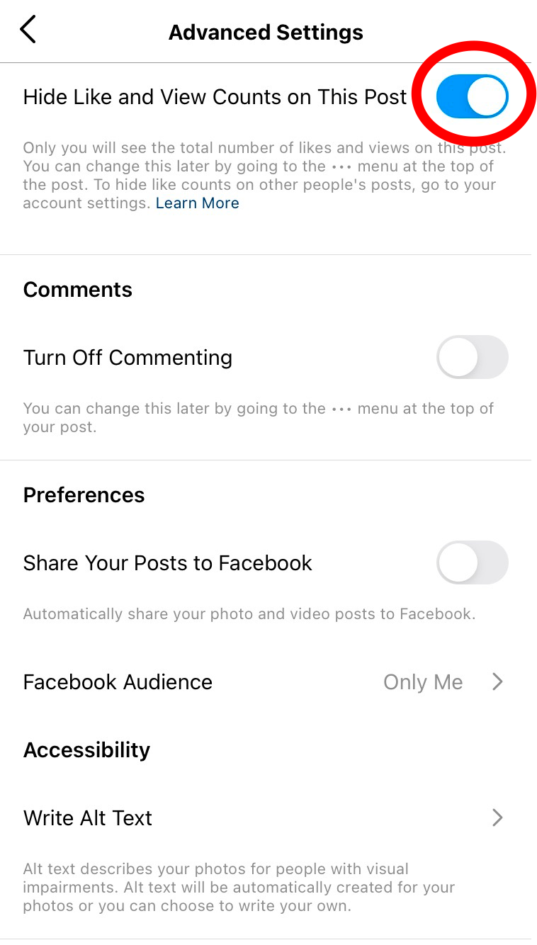 screenshot of instagram app settings