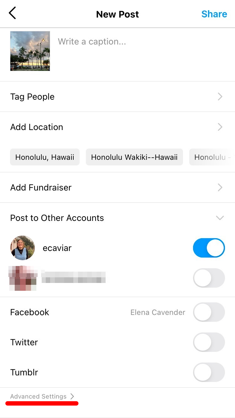 screenshot of instagram app settings