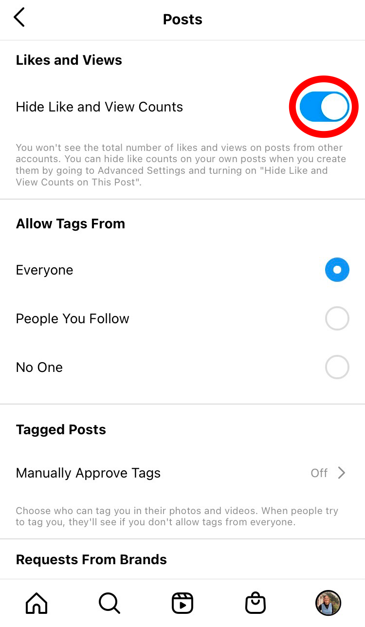 screenshot of instagram app settings