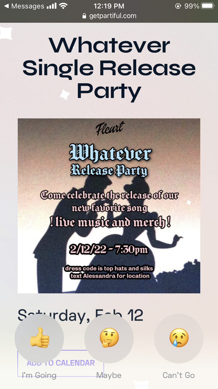 A screenshot of an invite to a single release party on Partiful