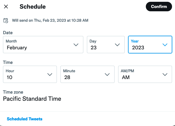 Screenshot of Twitter's schedule tweet calendar feature.