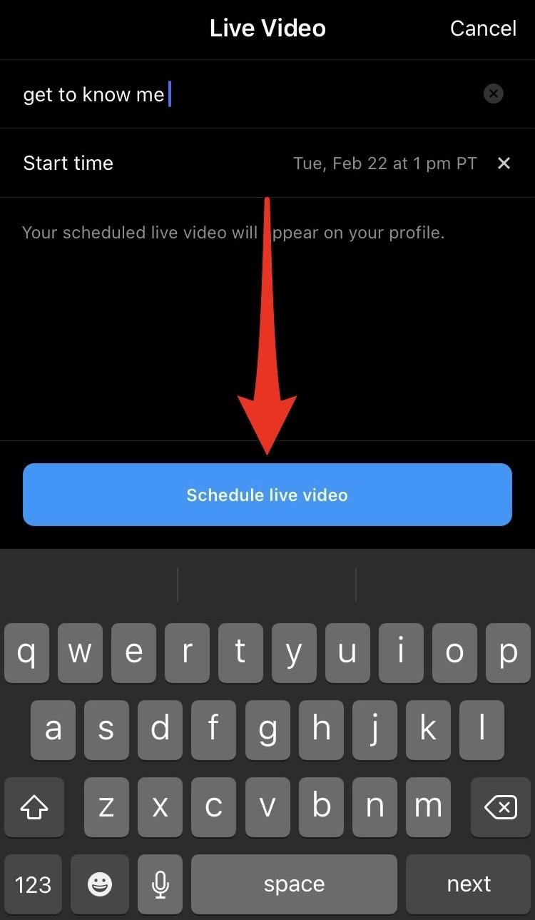 Arrow pointing to "Schedule live video" button. 