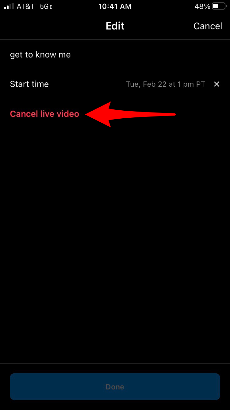 Arrow pointing to "Cancel live video."