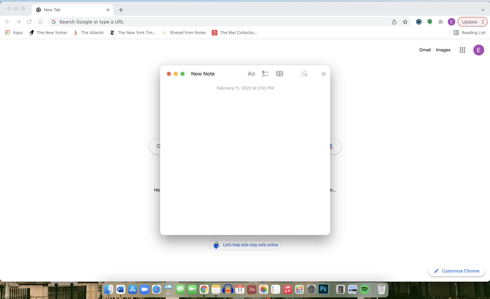What a Quick Note looks like on macos. small white box in the center of a computer screen. 