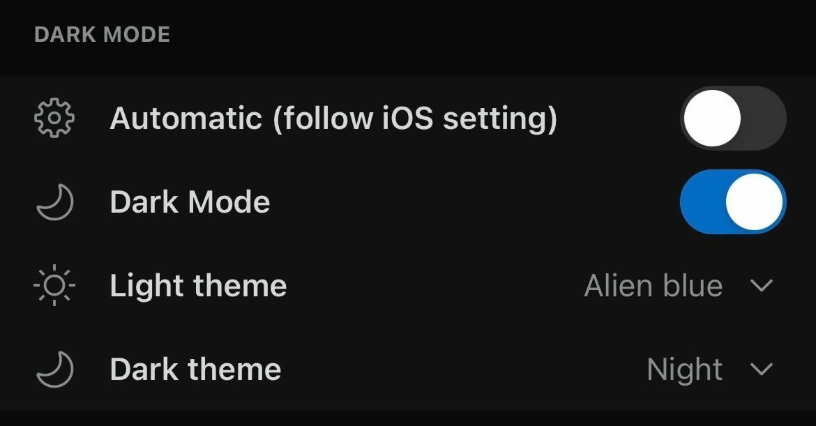 A screenshot of the Reddit app's display mode menu, showing Dark Mode toggled on.