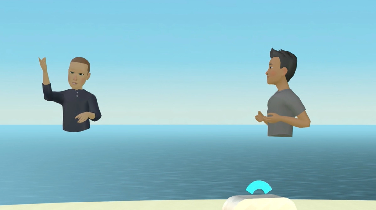 Two cartoon people without legs hover over a body of water and a horizon.
