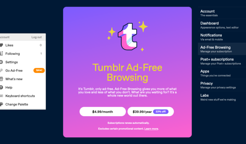 A screenshot of Tumblr showing the new ad-free subscription feature.