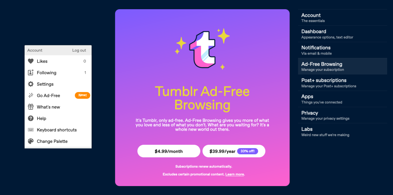 A screenshot of Tumblr showing the new ad-free subscription feature.
