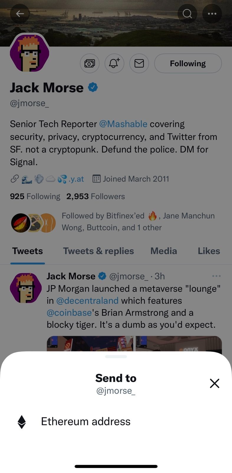 Screenshot of Twitter app showing Ethereum payment address in Tips feature. 
