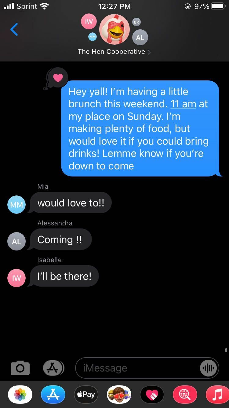 A screenshot of me inviting a few friends over for brunch