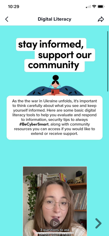 A screenshot of the TikTok digital literacy portal reads "Stay informed, support our community."