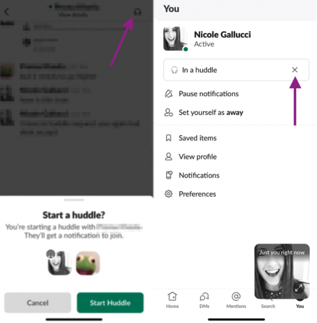 Splitscreen screenshots of Slack's mobile app. The left image shows a user starting a huddle. The right image shows an arrow pointing to the "Clear Status" button on the user's Settings page.