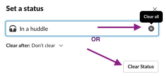 A screenshot of the Slack app's Status settings page with arrows pointing to two "Clear" buttons.