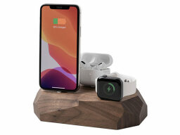 iphone, airpods, and apple watch on wooden block