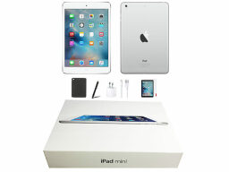 Silver iPad in front and back view with box, case, charger, and screen protector