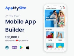 Phone screen showing shopping site, with text saying "mobile app builder" to its left