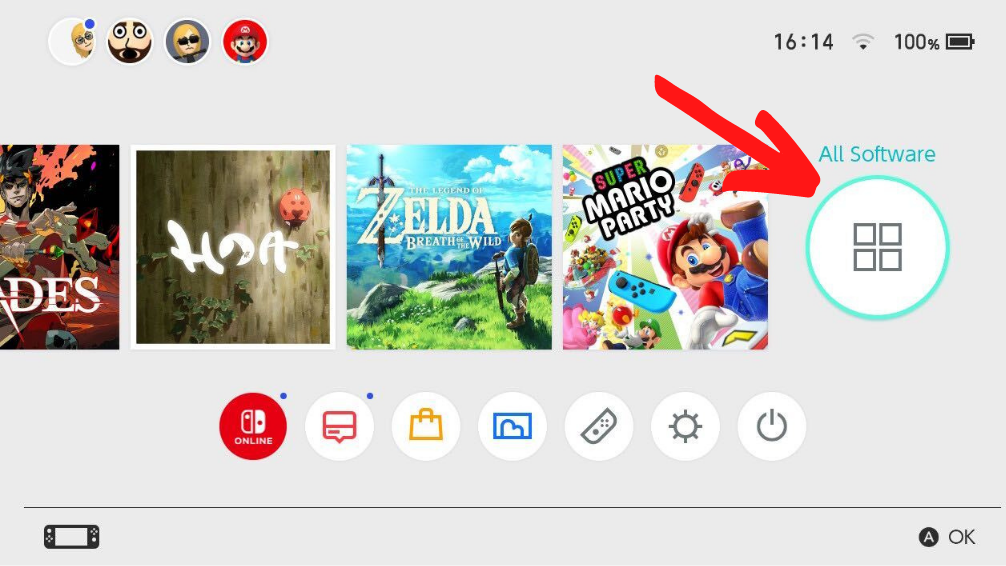 The menu screen of a Nintendo Switch with an arrow showing the All Software button on the far right.