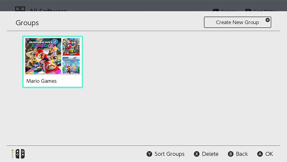 A screen on Nintendo Switch showing the finished Group called "Mario Games."