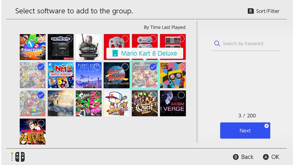 A screen on Nintendo Switch showing game selection button when making a Group.